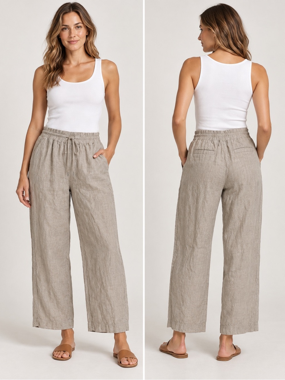 Quince 100% Linen Wide Leg Drawstring Pants Beige Size M
